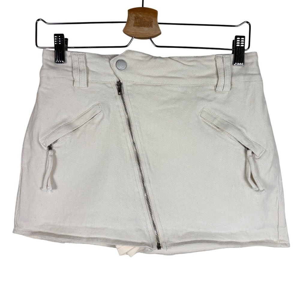 French Kiss Cream Denim Asymmetrical Zip Y2K Mini Skirt Shorts Medium
